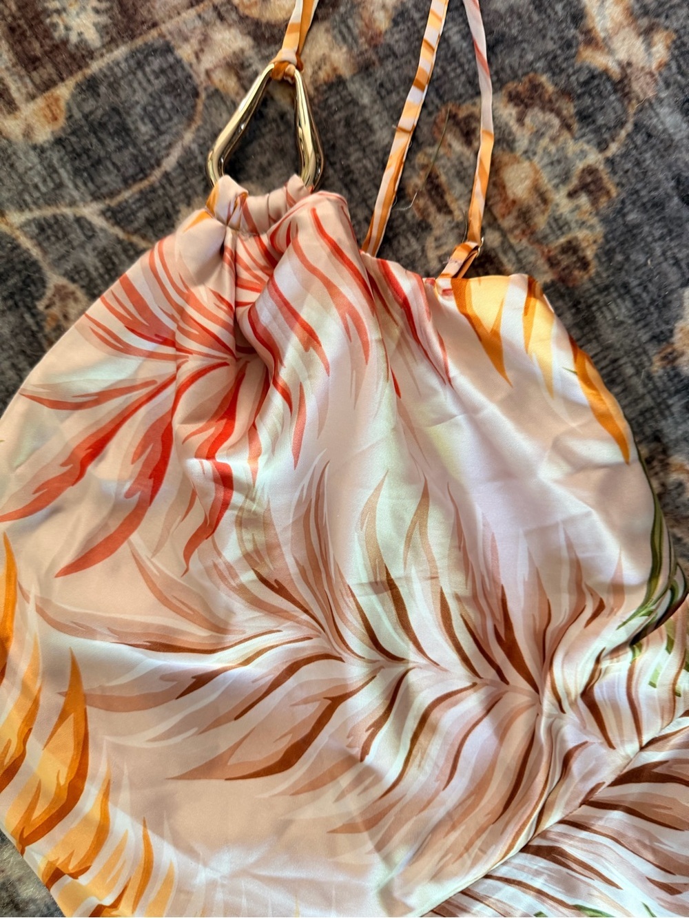 One-Shoulder Tropical Leaf Maxi Dress in Pink, Green & Gold Tones - Picture 5 of 8
